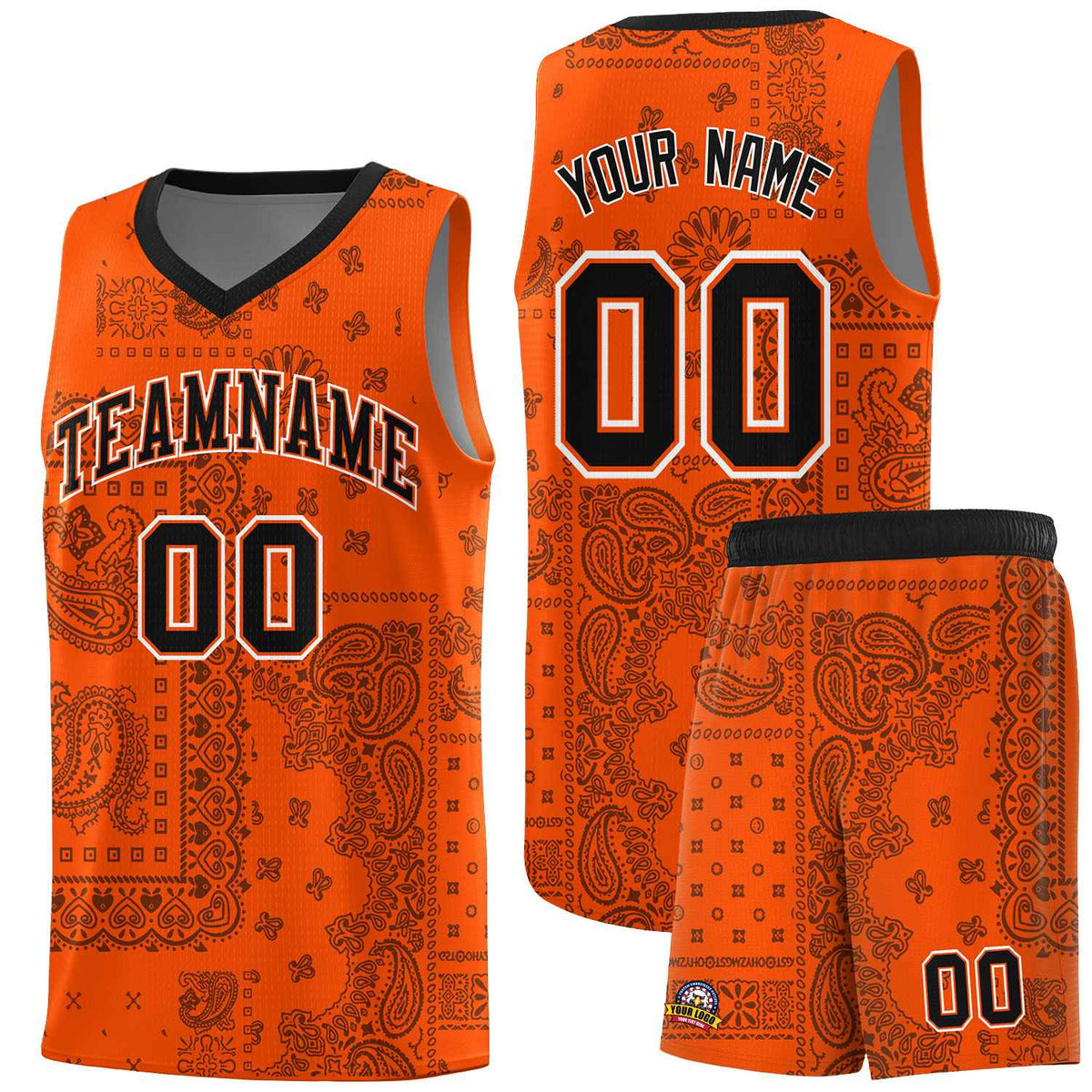 Custom Orange Basketball Kits With Black Cashew Flower Print Pattern