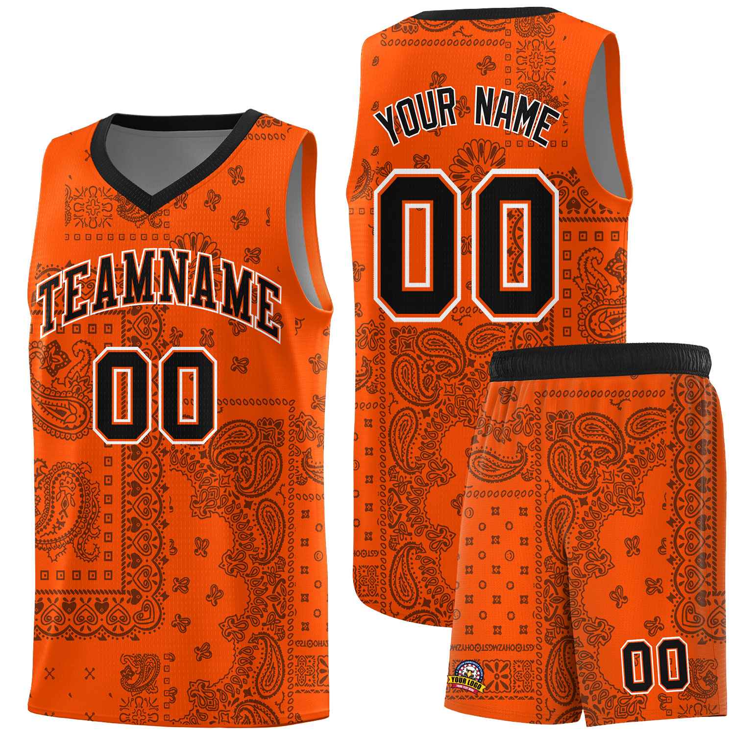 Custom Orange Basketball Kits With Black Cashew Flower Print Pattern