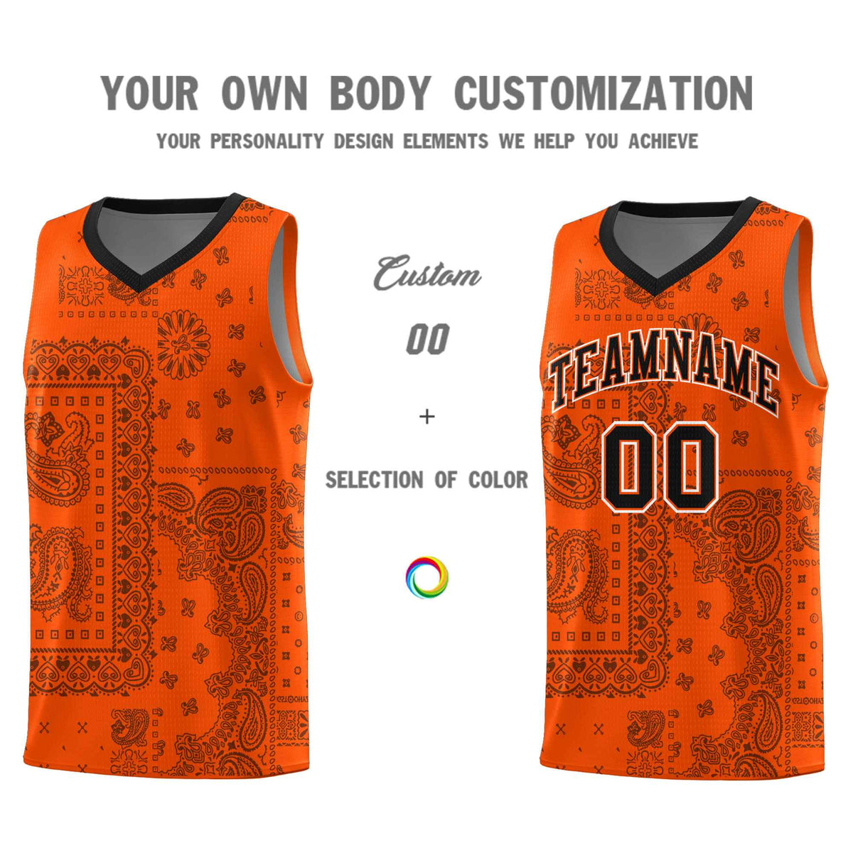 Custom Orange Basketball Kits With Black Cashew Flower Print Pattern
