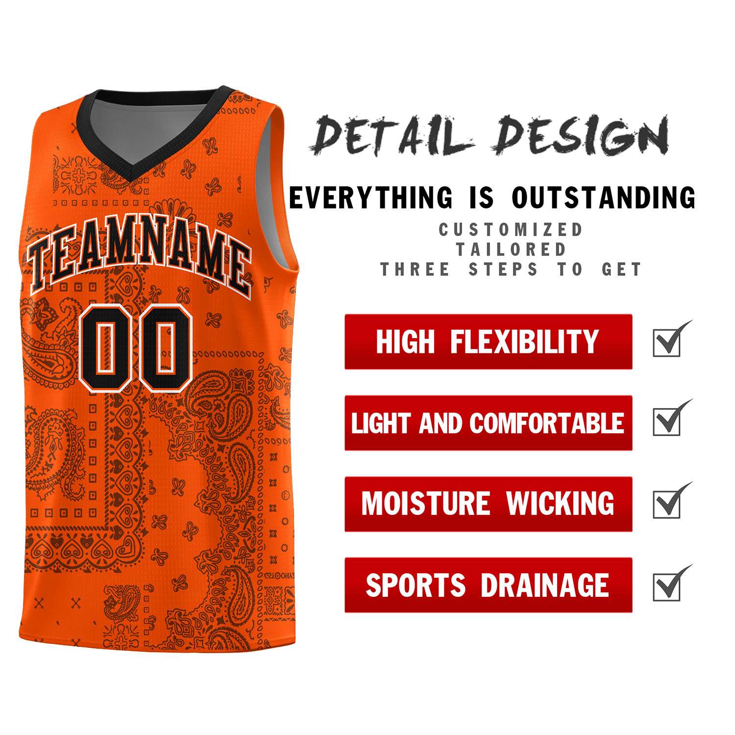 Custom Orange Basketball Kits With Black Cashew Flower Print Pattern