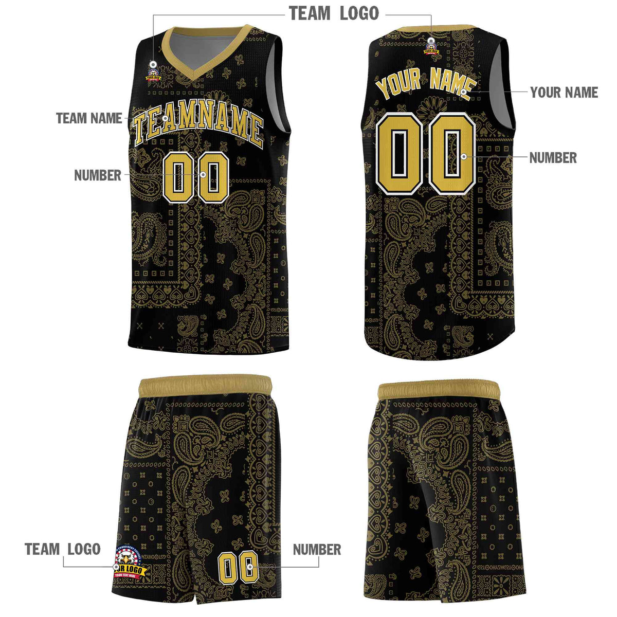 Custom Black Basketball Kits With Old Gold Cashew Flower Print Pattern