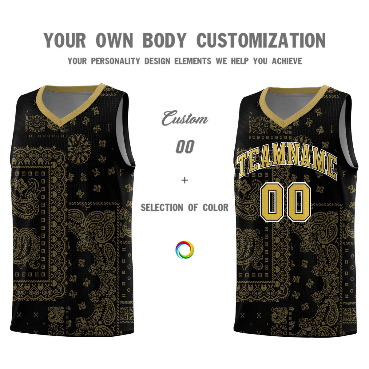Custom Black Basketball Kits With Old Gold Cashew Flower Print Pattern