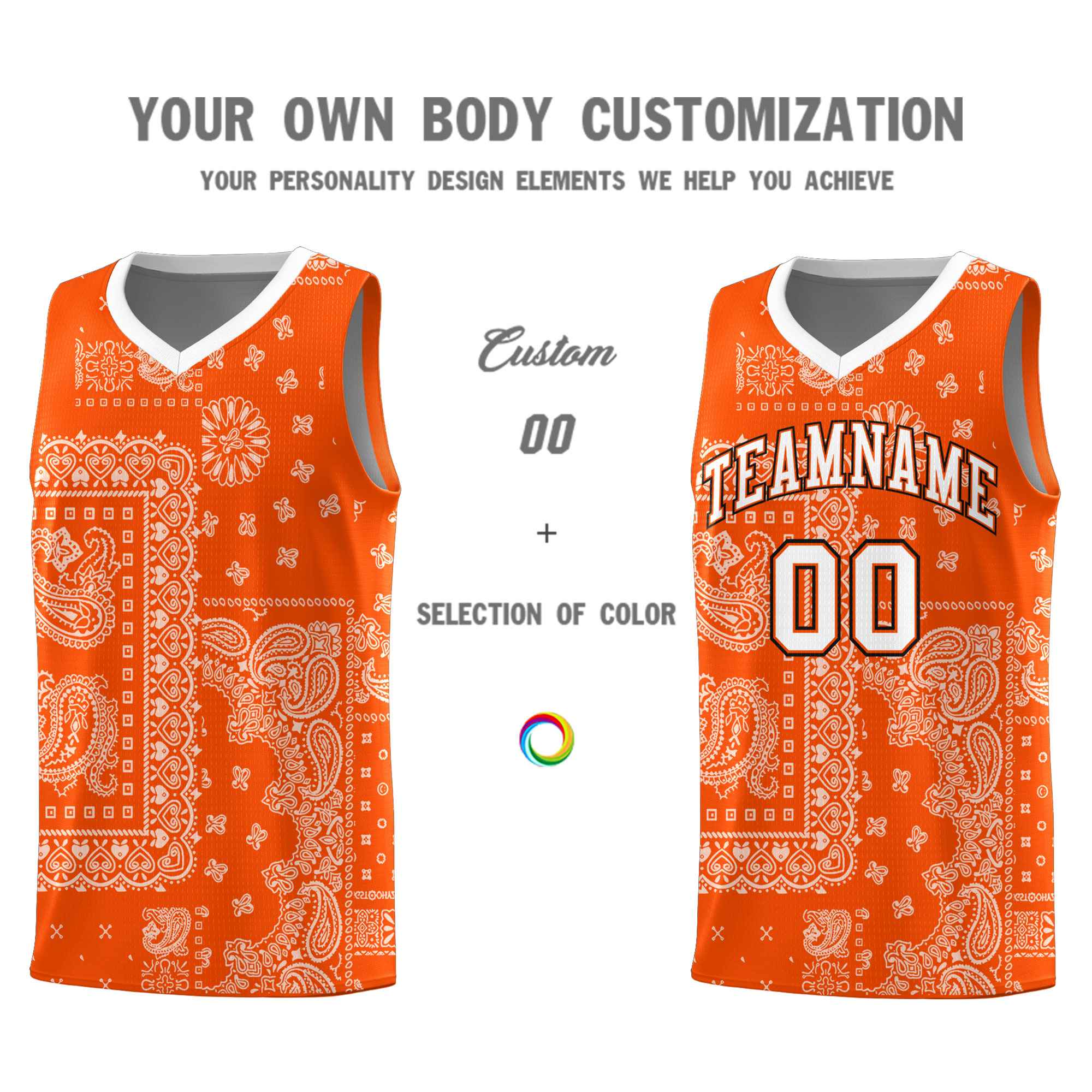 Custom Orange Basketball Kits With White Cashew Flower Print Pattern
