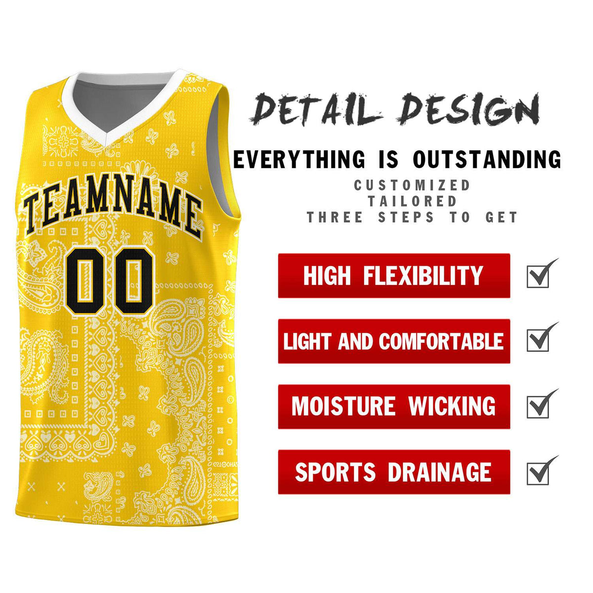 Custom Gold Basketball Kits With White Cashew Flower Print Pattern