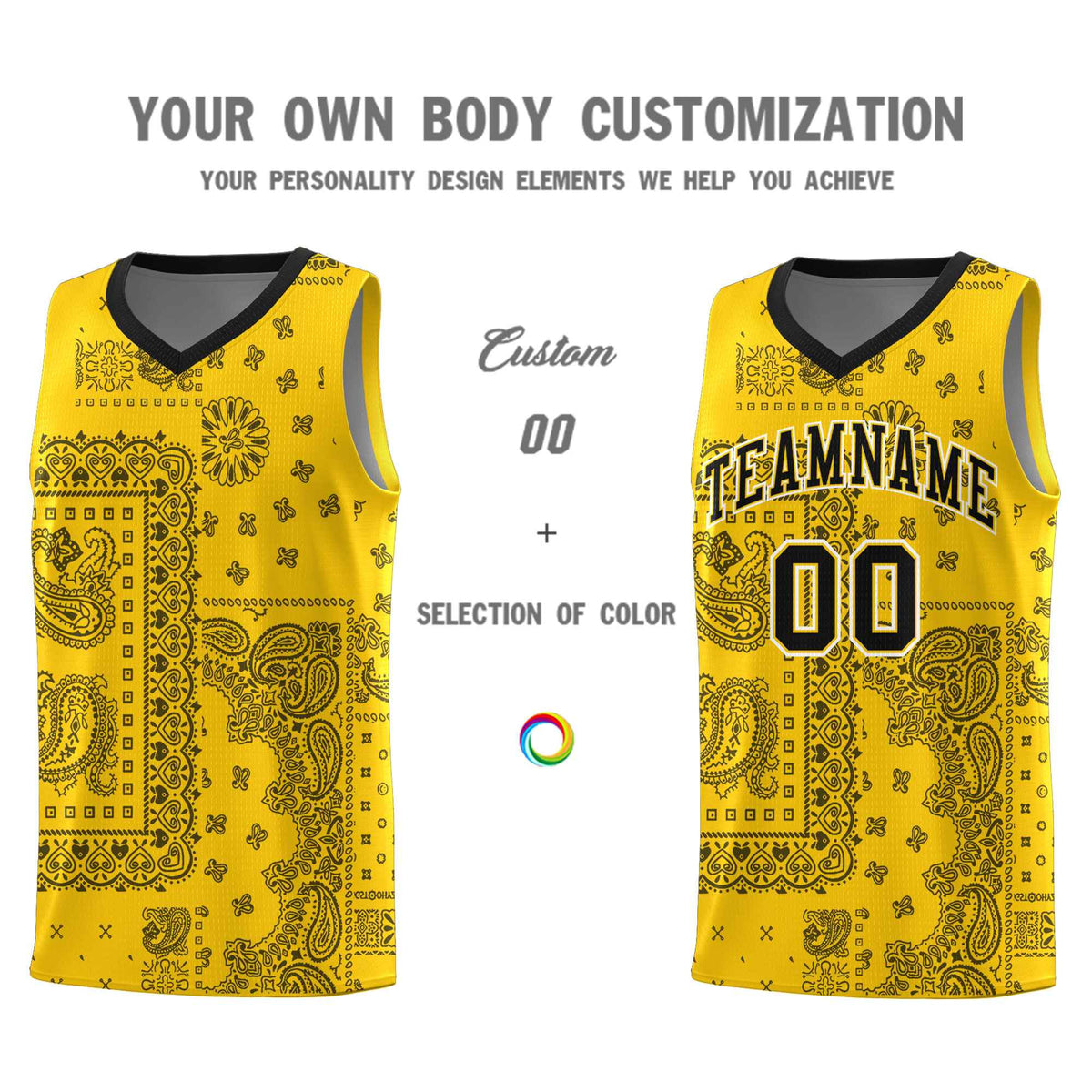 Custom Gold Basketball Kits With Black Cashew Flower Print Pattern