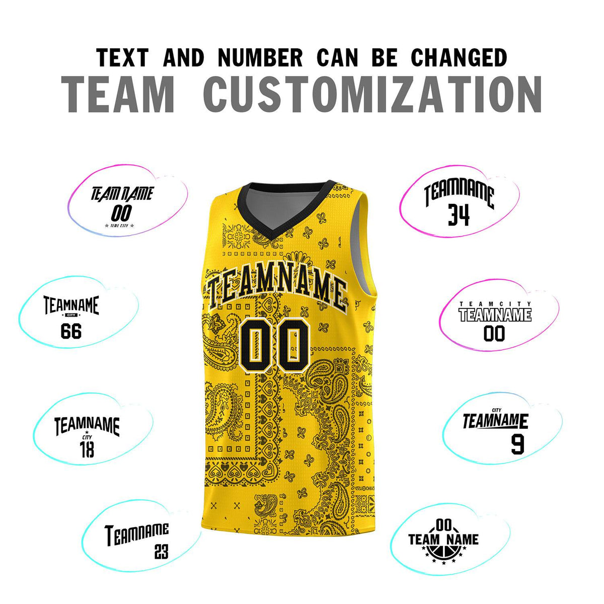 Custom Gold Basketball Kits With Black Cashew Flower Print Pattern
