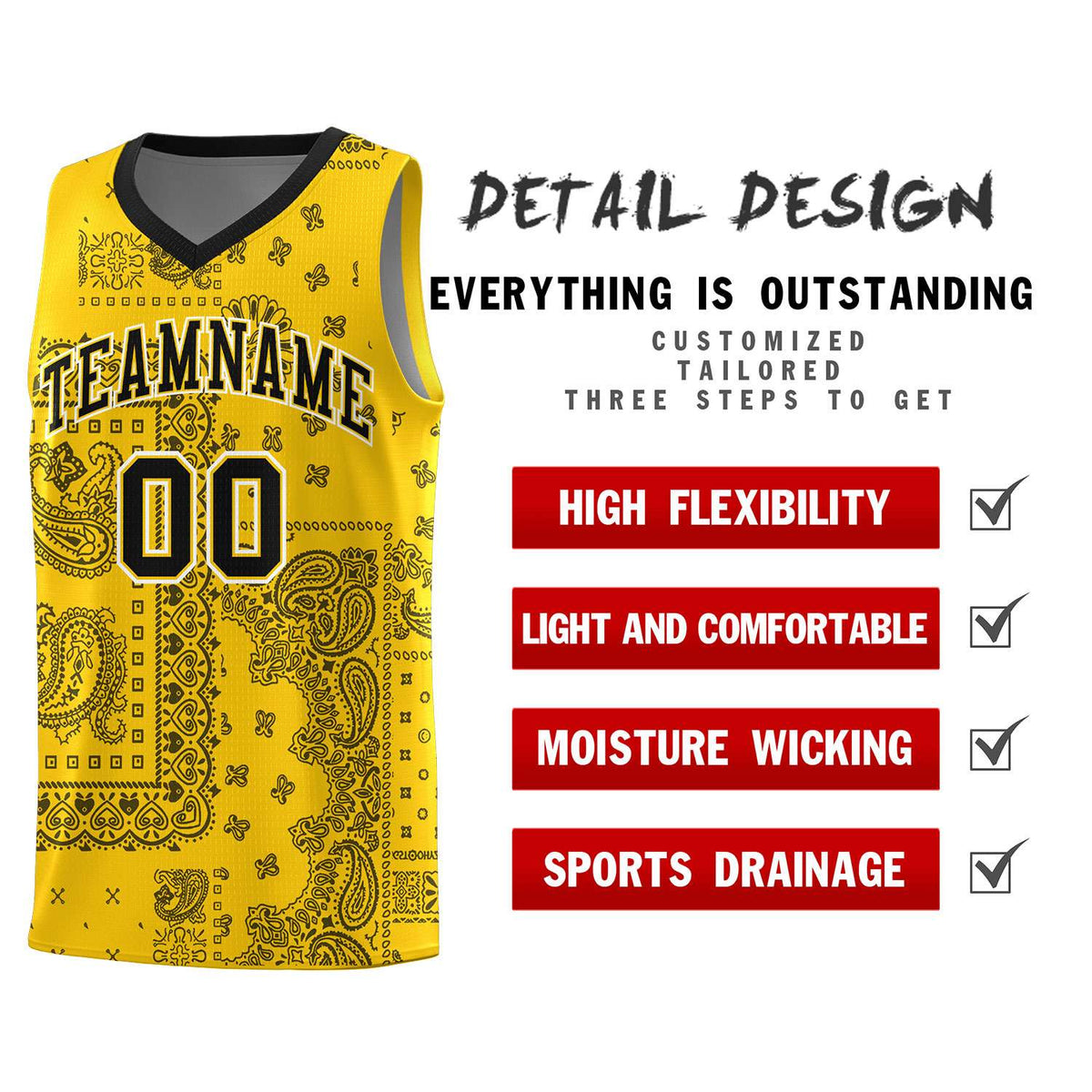 Custom Gold Basketball Kits With Black Cashew Flower Print Pattern
