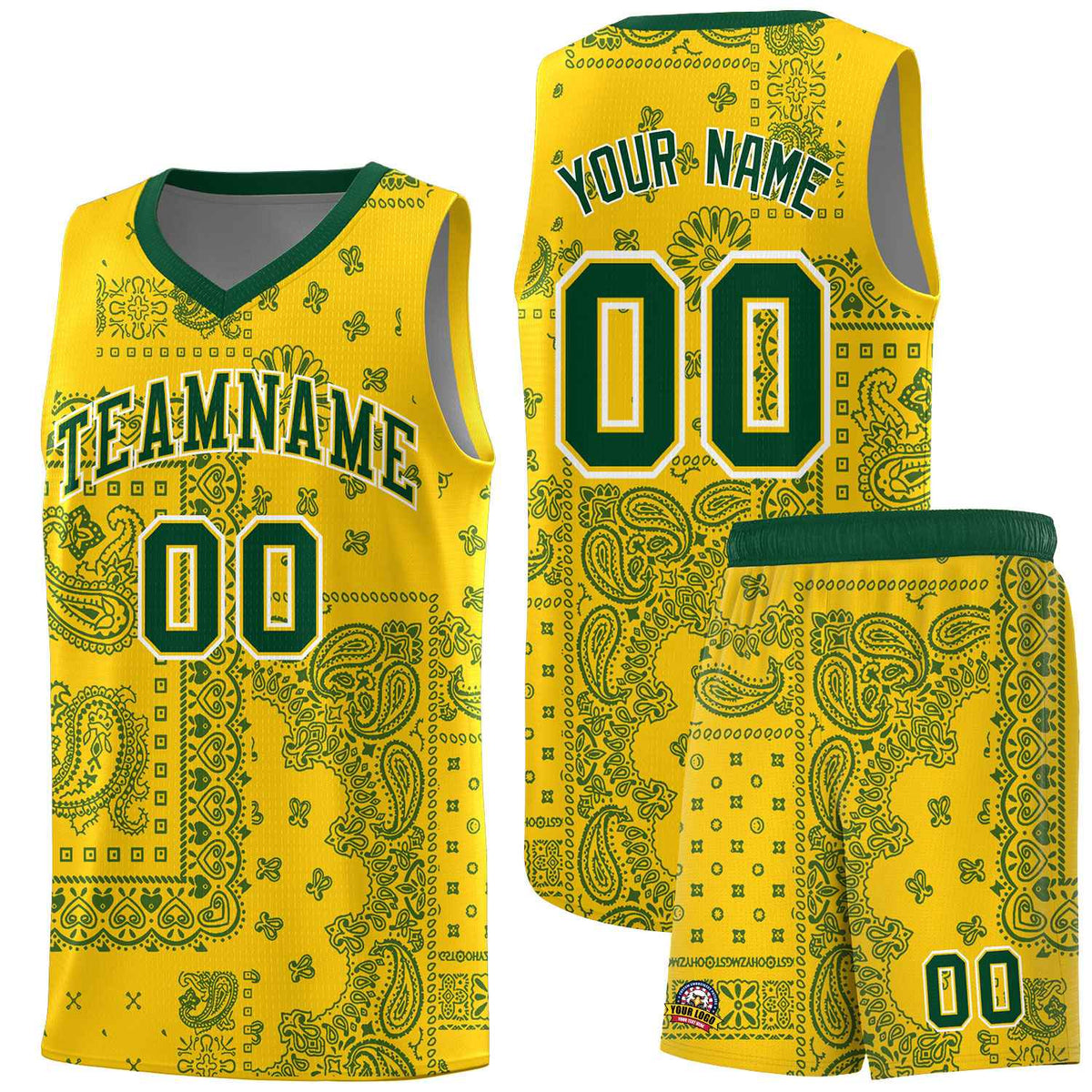 Custom Gold Basketball Kits With Kelly Green Cashew Flower Print Pattern