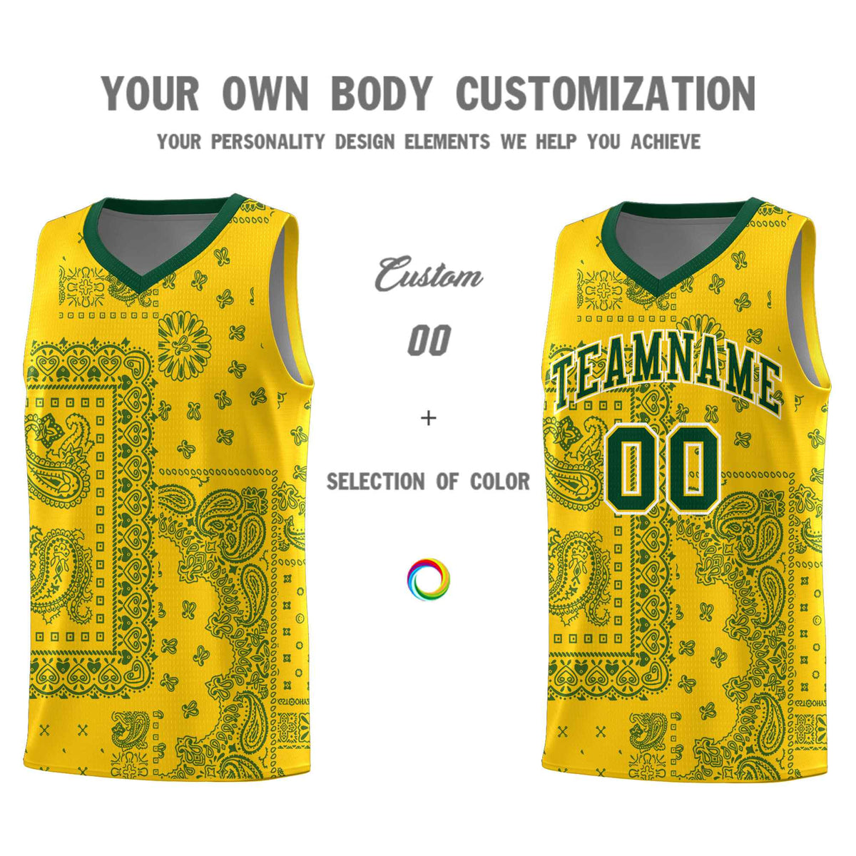 Custom Gold Basketball Kits With Kelly Green Cashew Flower Print Pattern