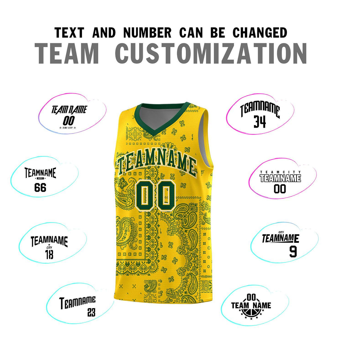 Custom Gold Basketball Kits With Kelly Green Cashew Flower Print Pattern