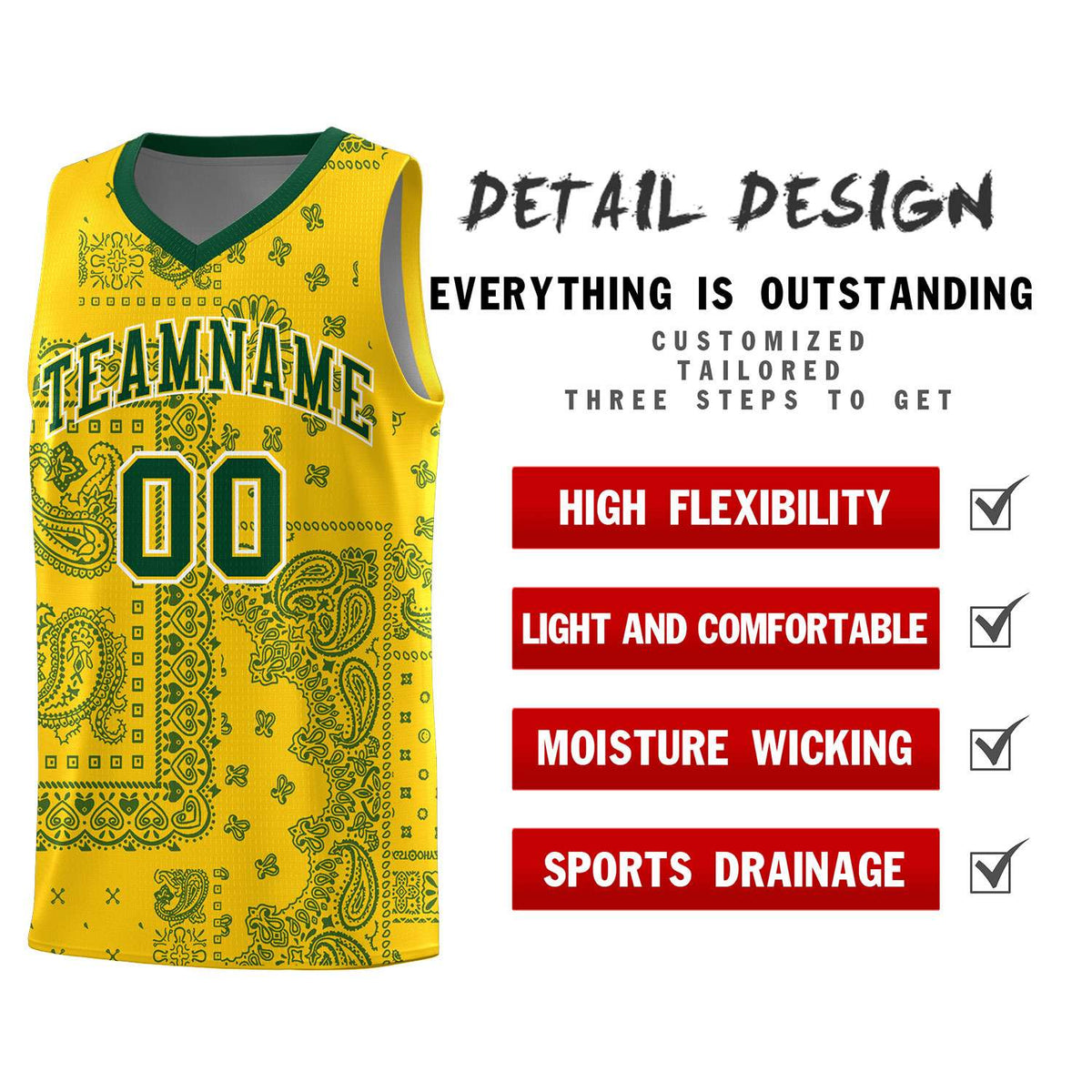 Custom Gold Basketball Kits With Kelly Green Cashew Flower Print Pattern