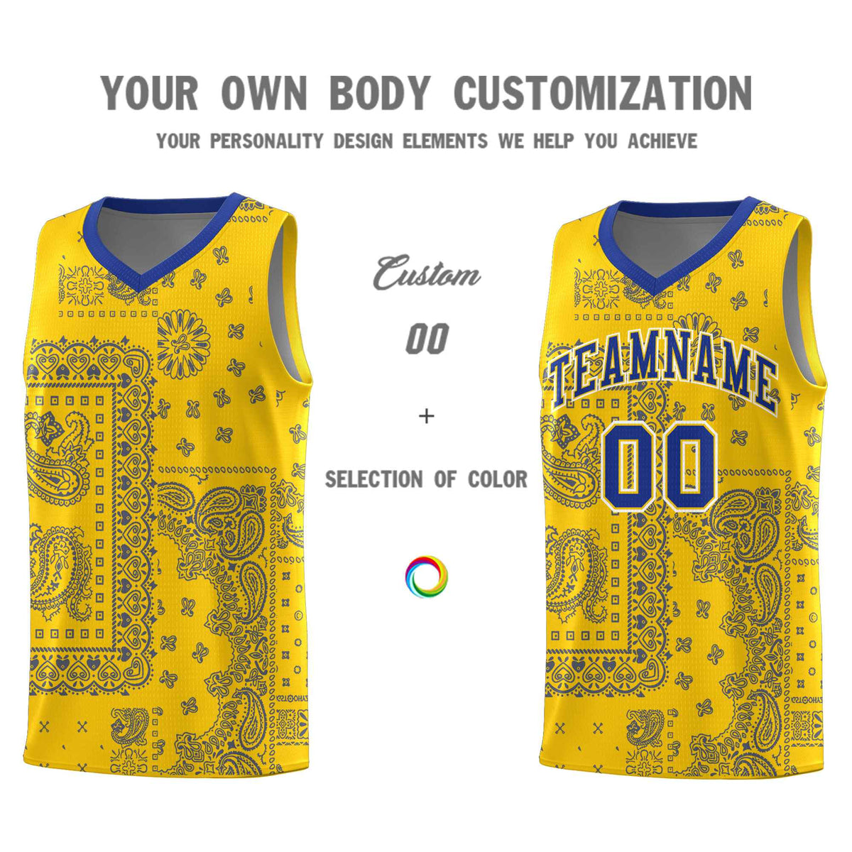 Custom Gold Basketball Kits With Royal Cashew Flower Print Pattern