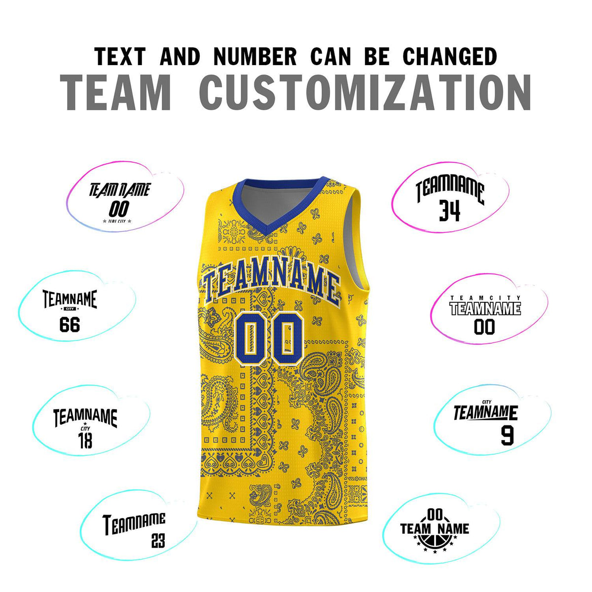 Custom Gold Basketball Kits With Royal Cashew Flower Print Pattern