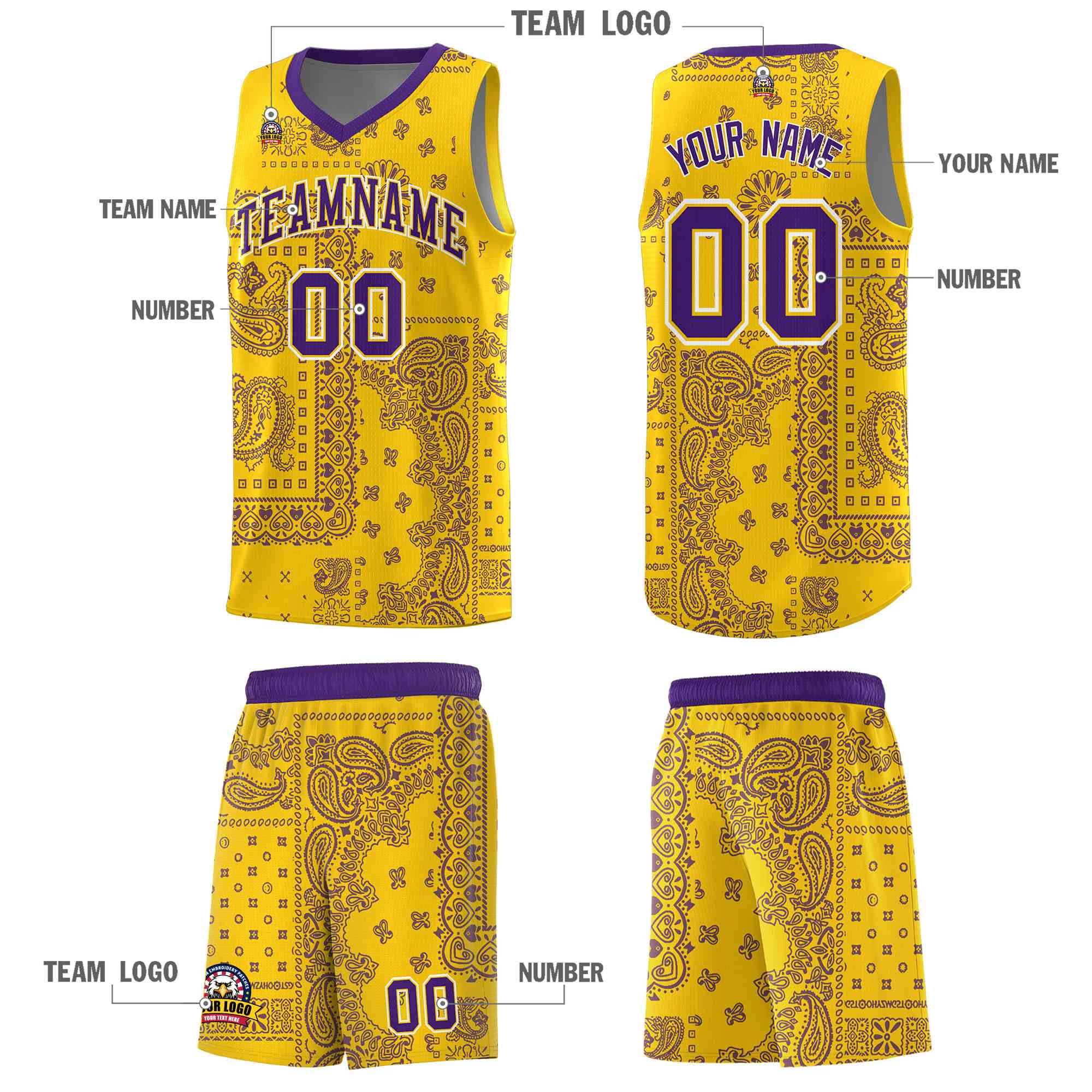 Custom Gold Basketball Kits With Purple Cashew Flower Print Pattern