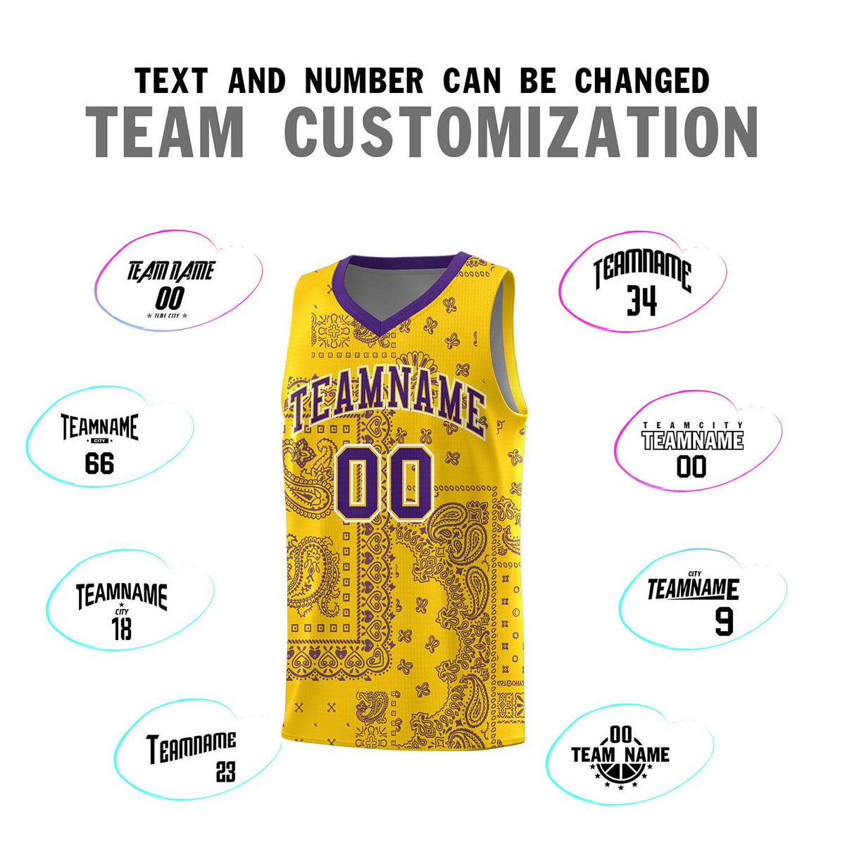 Custom Gold Basketball Kits With Purple Cashew Flower Print Pattern