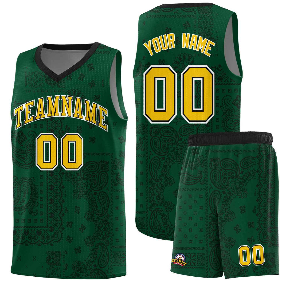 Custom Green Basketball Kits With Black Cashew Flower Print Pattern