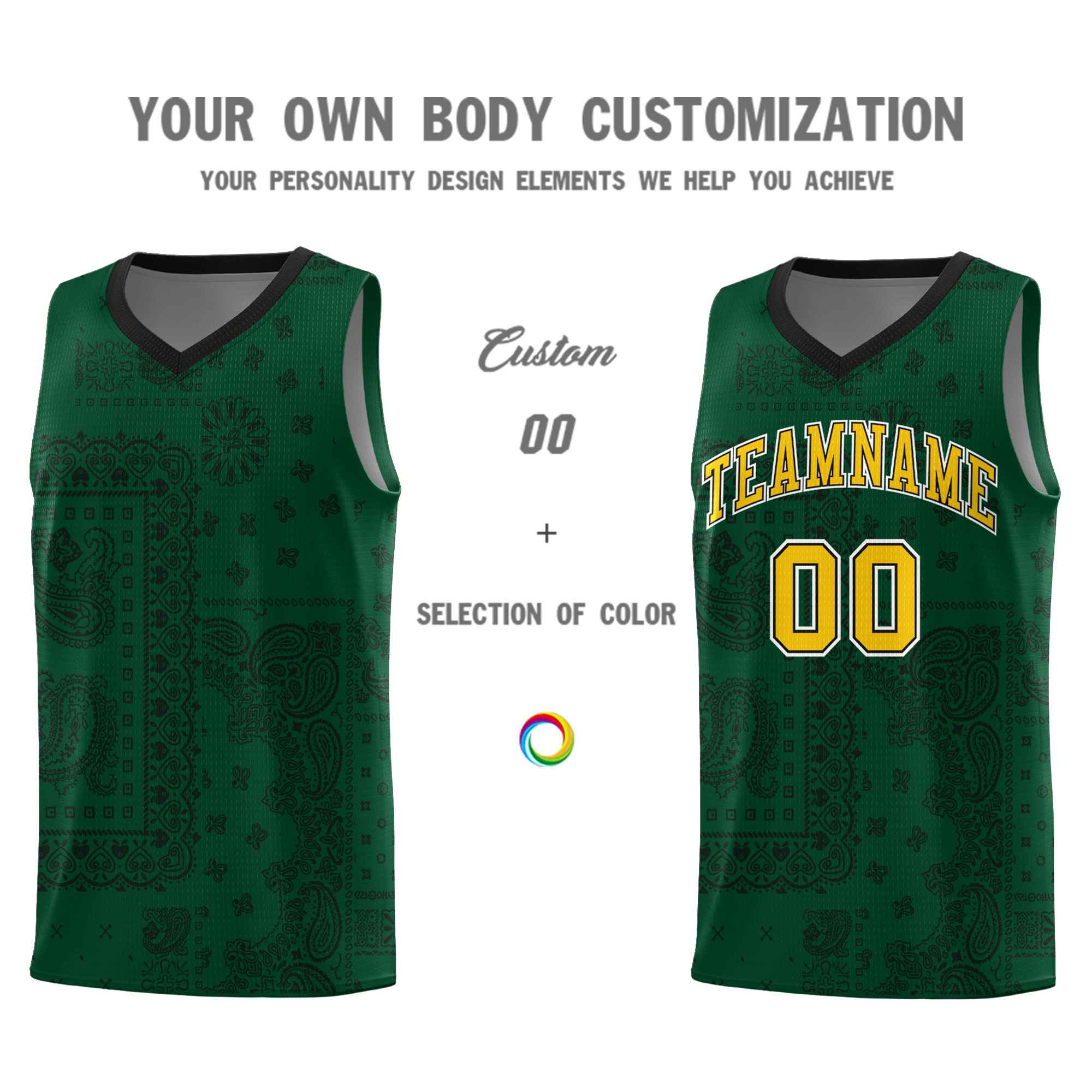 Custom Green Basketball Kits With Black Cashew Flower Print Pattern
