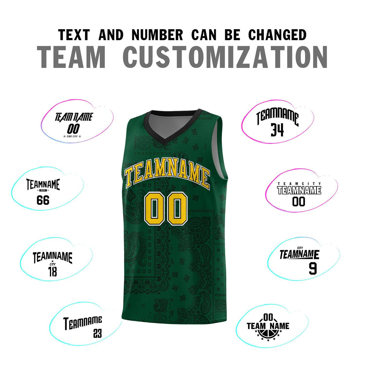Custom Green Basketball Kits With Black Cashew Flower Print Pattern