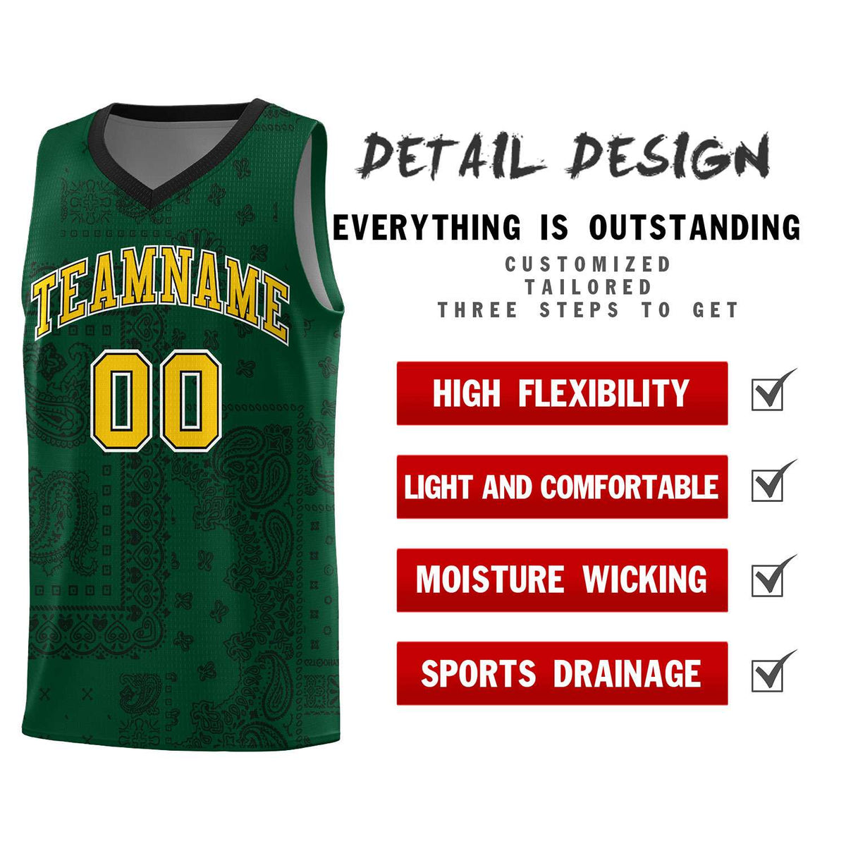 Custom Green Basketball Kits With Black Cashew Flower Print Pattern