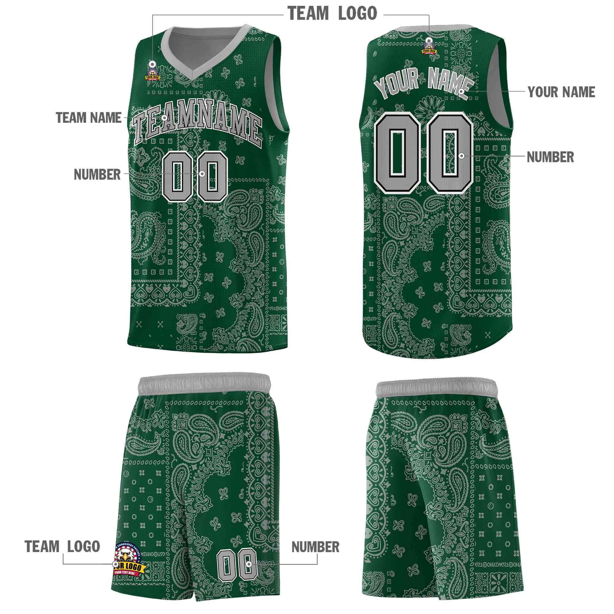 Custom Green Basketball Kits With Silver Gray Cashew Flower Print Pattern