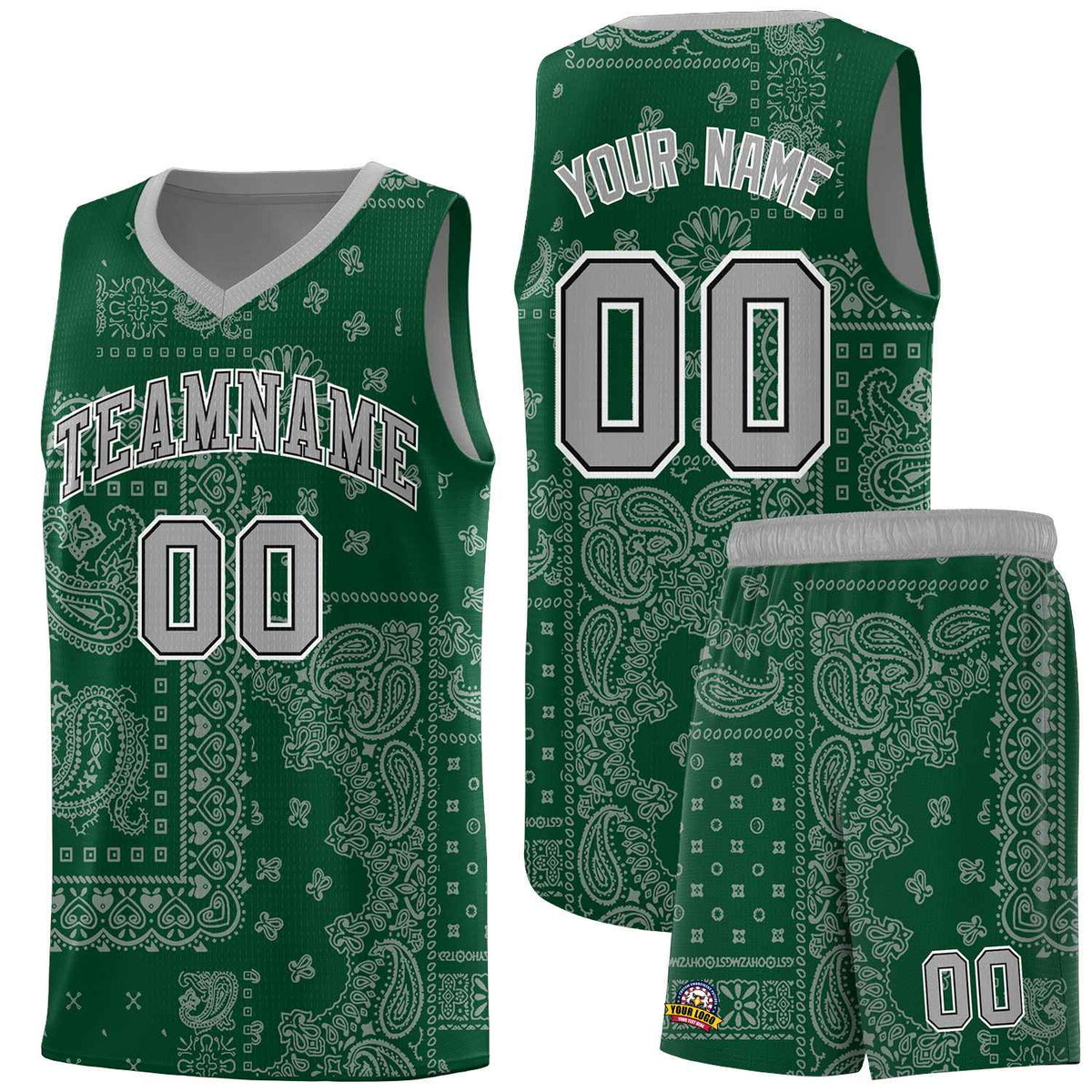 Custom Green Basketball Kits With Silver Gray Cashew Flower Print Pattern