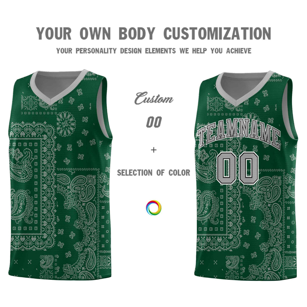 Custom Green Basketball Kits With Silver Gray Cashew Flower Print Pattern