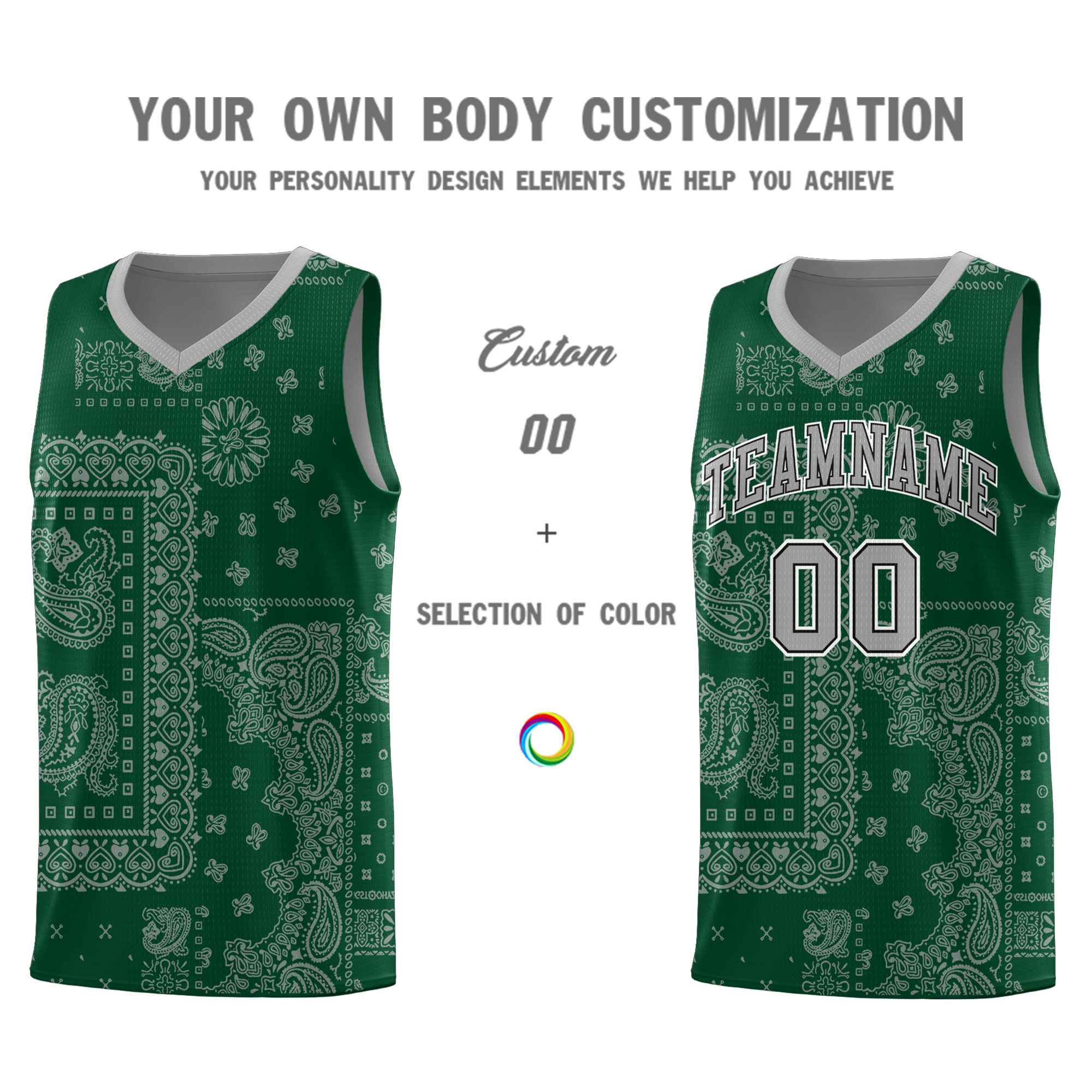 Custom Green Basketball Kits With Silver Gray Cashew Flower Print Pattern