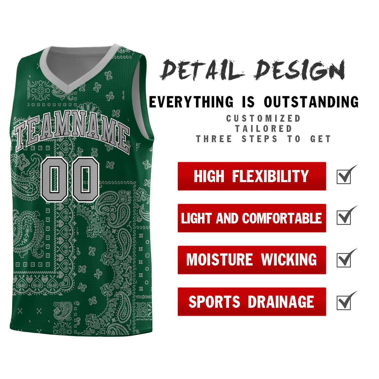Custom Green Basketball Kits With Silver Gray Cashew Flower Print Pattern