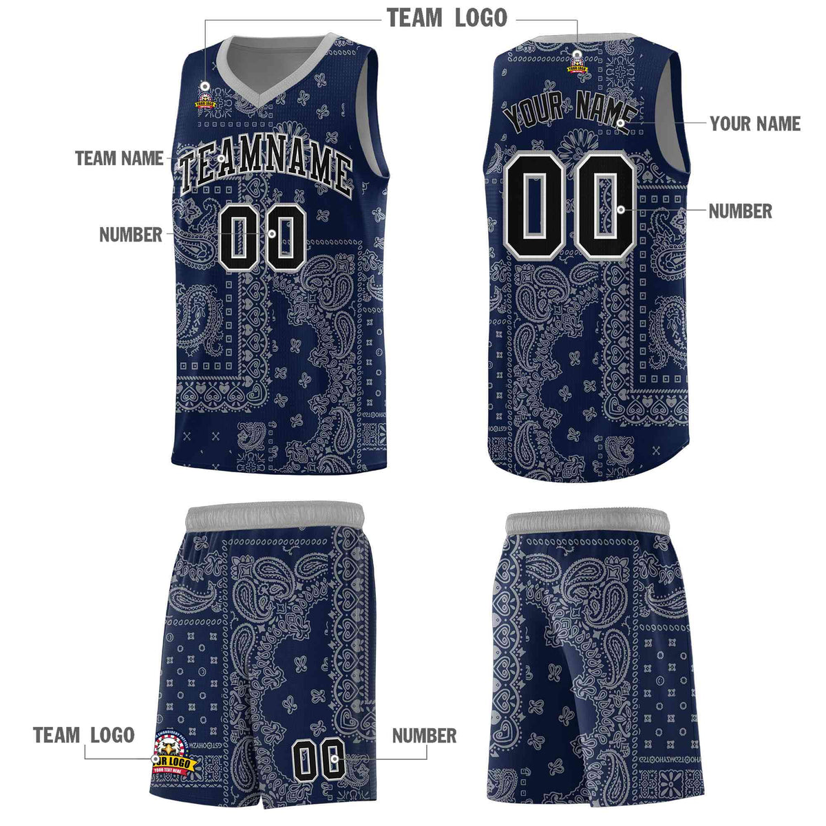 Custom Navy Basketball Kits With Silver Gray Cashew Flower Print Pattern