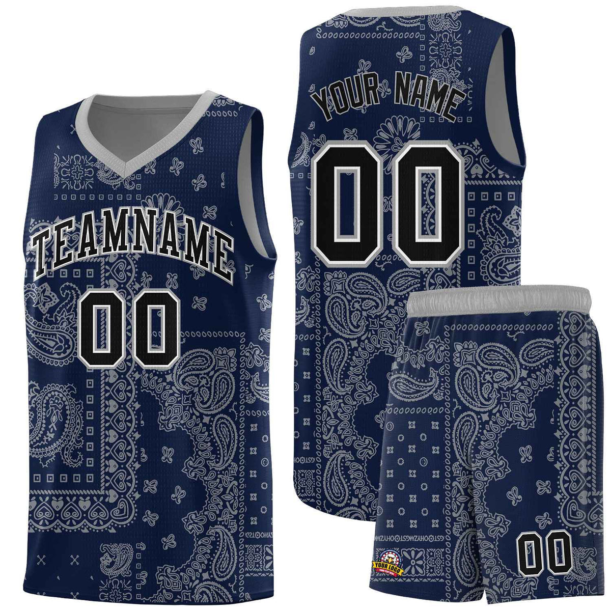 Custom Navy Basketball Kits With Silver Gray Cashew Flower Print Pattern