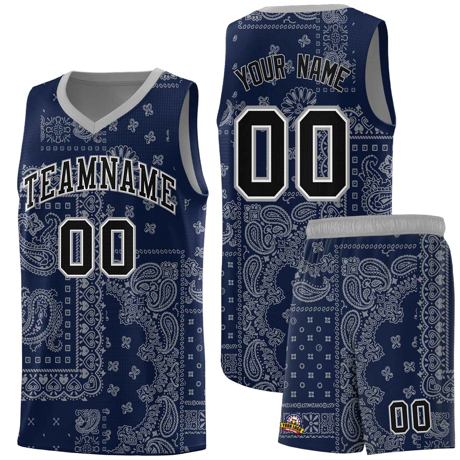 Custom Navy Basketball Kits With Silver Gray Cashew Flower Print Pattern