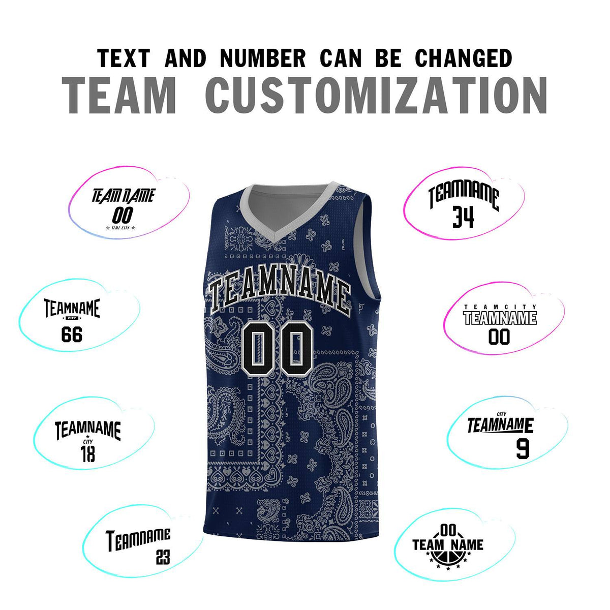 Custom Navy Basketball Kits With Silver Gray Cashew Flower Print Pattern