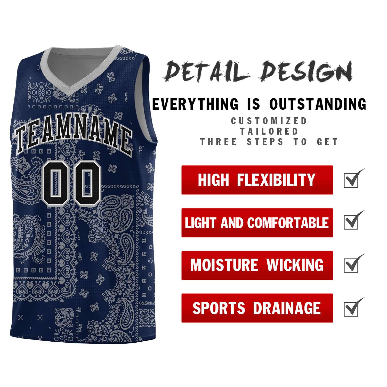 Custom Navy Basketball Kits With Silver Gray Cashew Flower Print Pattern