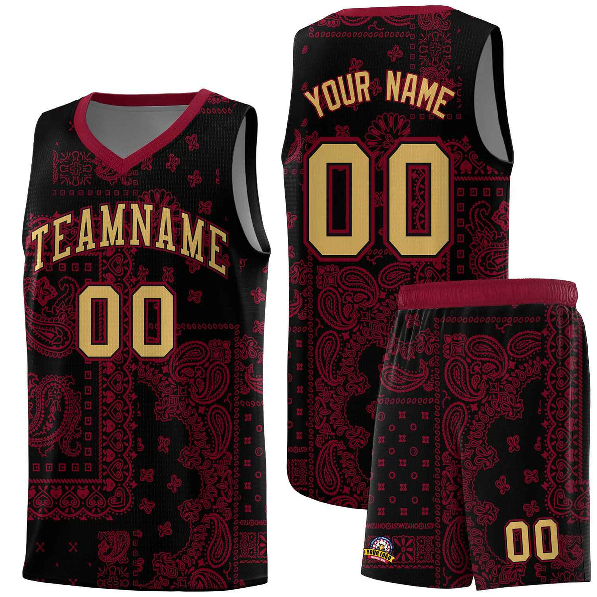 Custom Black Basketball Kits With Crimson Cashew Flower Print Pattern