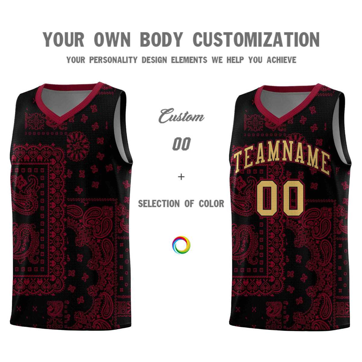 Custom Black Basketball Kits With Crimson Cashew Flower Print Pattern