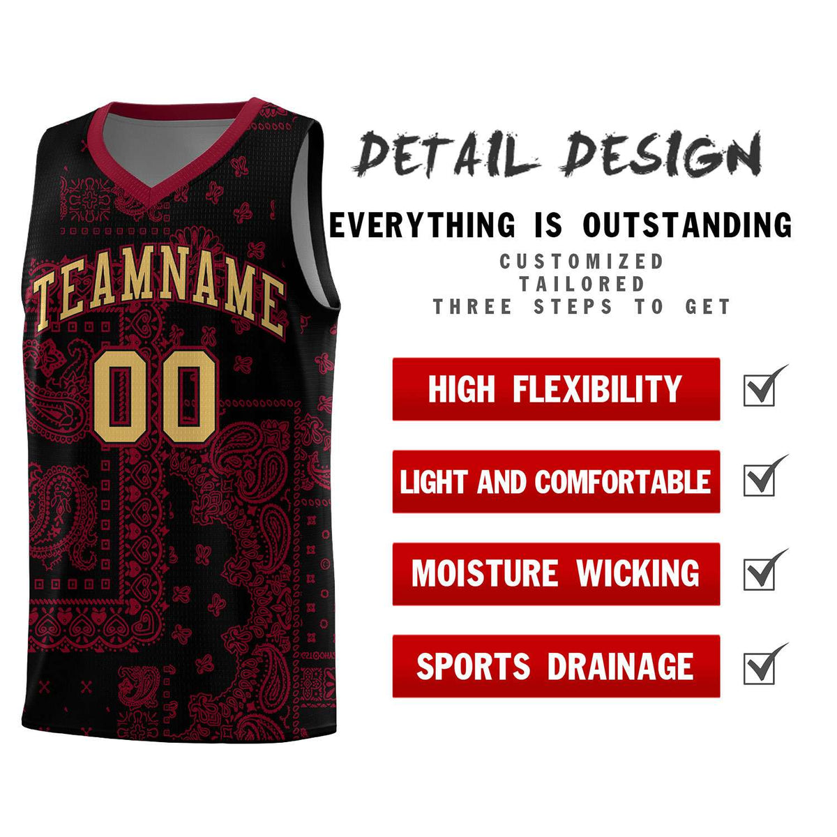 Custom Black Basketball Kits With Crimson Cashew Flower Print Pattern