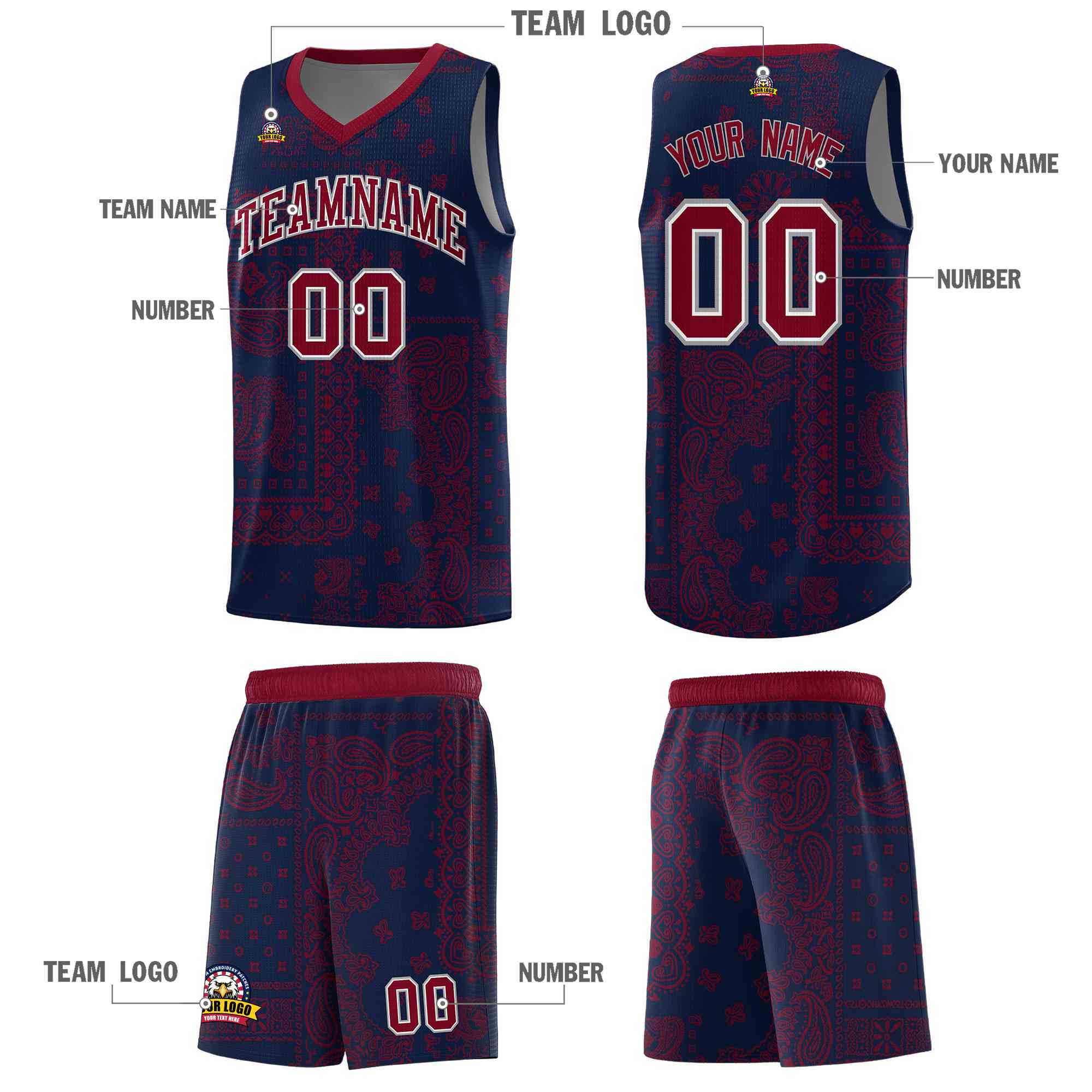 Custom Navy Basketball Kits With Crimson Cashew Flower Print Pattern