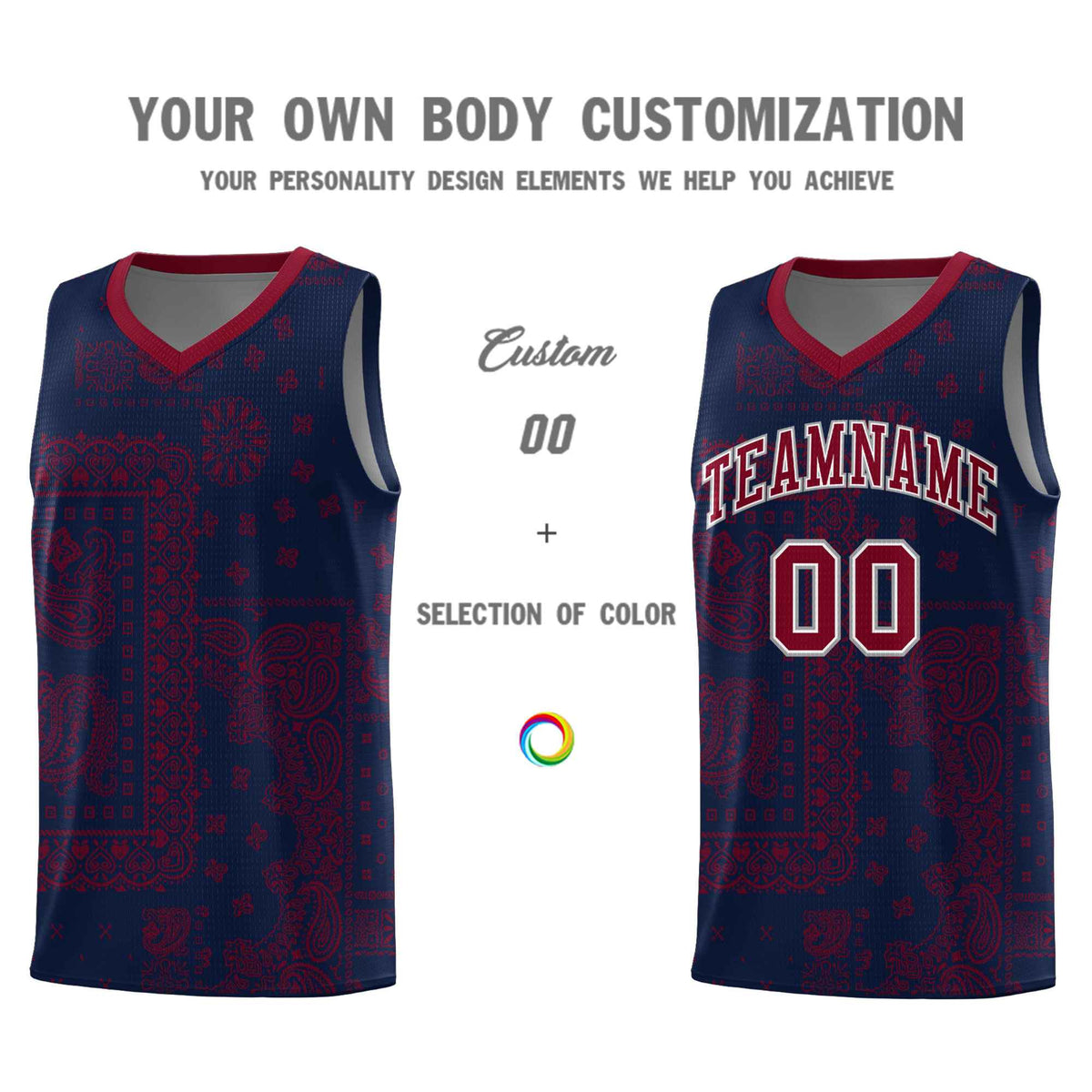 Custom Navy Basketball Kits With Crimson Cashew Flower Print Pattern