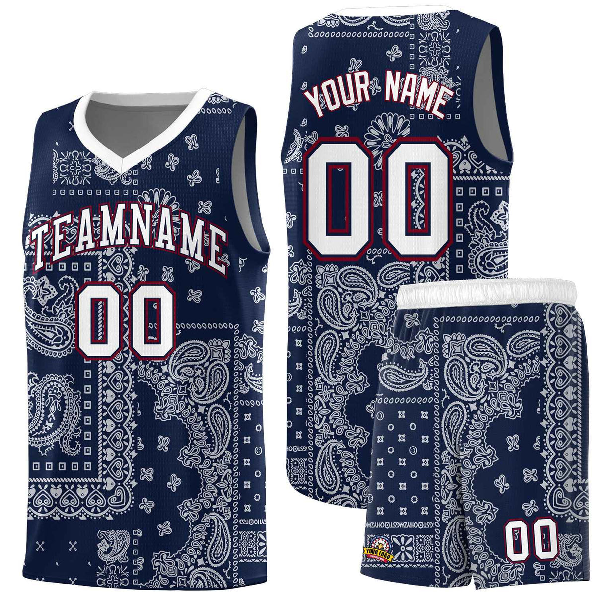 Custom Navy Basketball Kits With White Cashew Flower Print Pattern