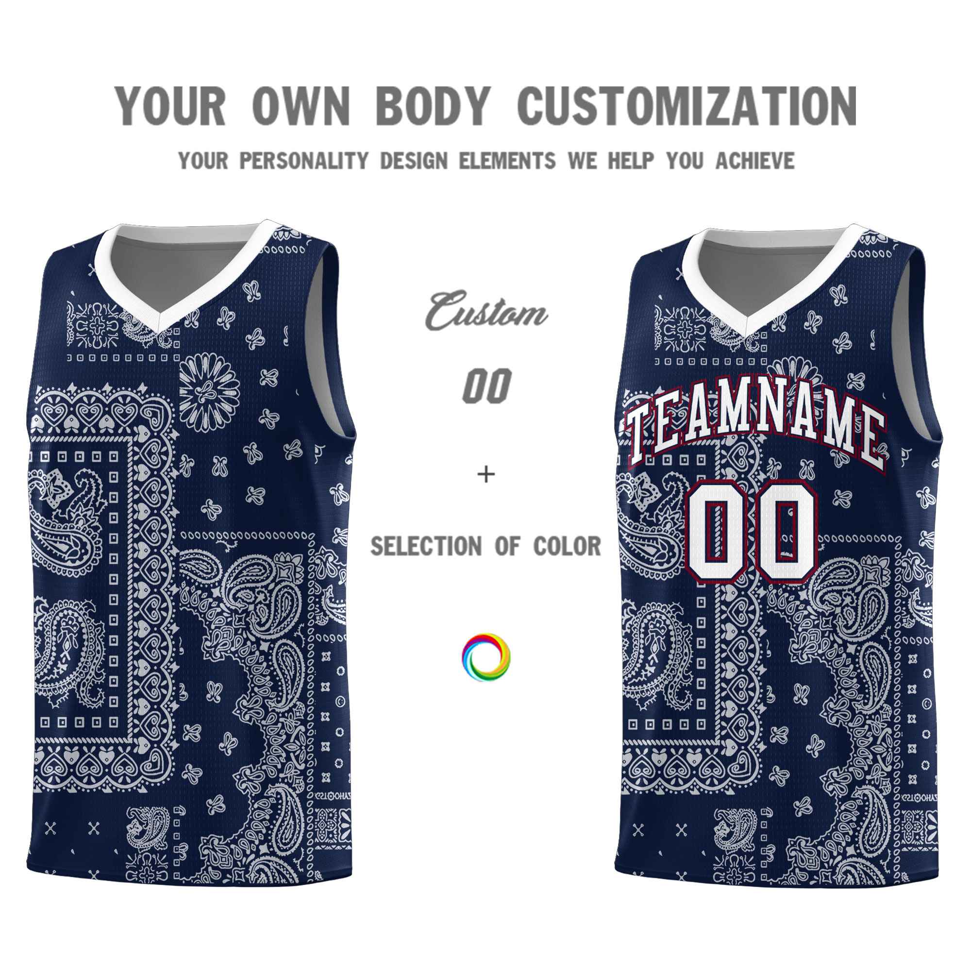 Custom Navy Basketball Kits With White Cashew Flower Print Pattern