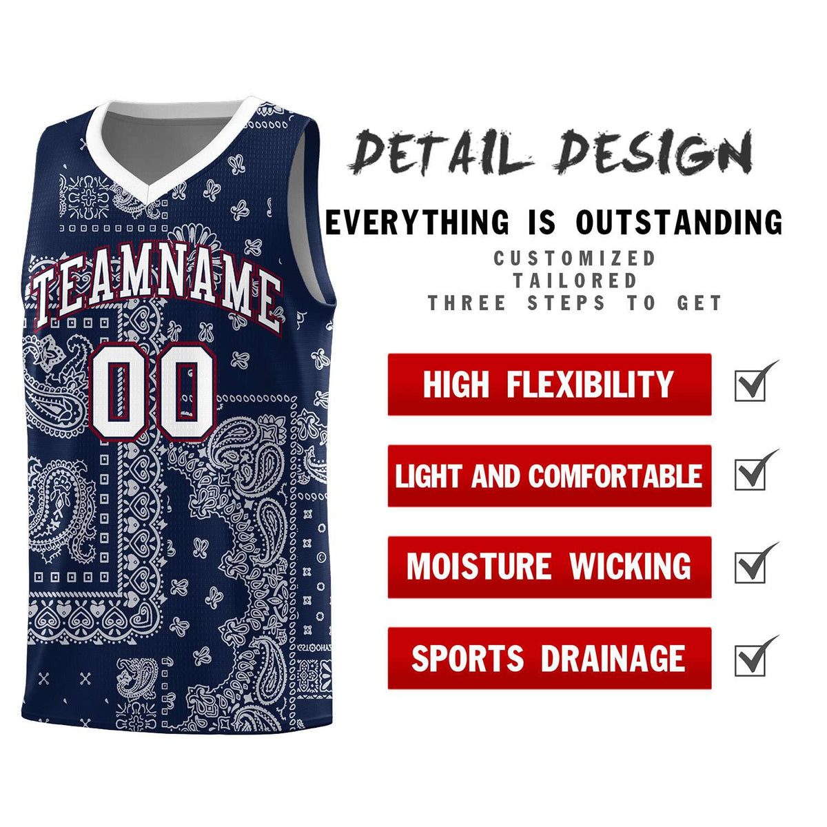 Custom Navy Basketball Kits With White Cashew Flower Print Pattern