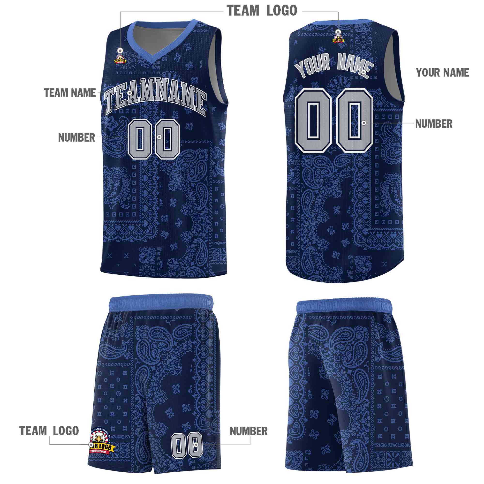 Custom Navy Basketball Kits With Light Blue Cashew Flower Print Pattern