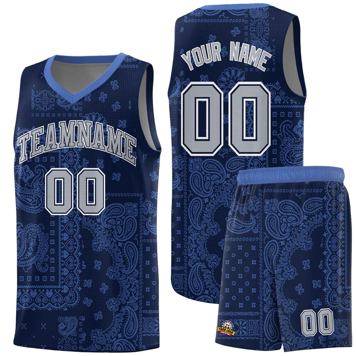 Custom Navy Basketball Kits With Light Blue Cashew Flower Print Pattern