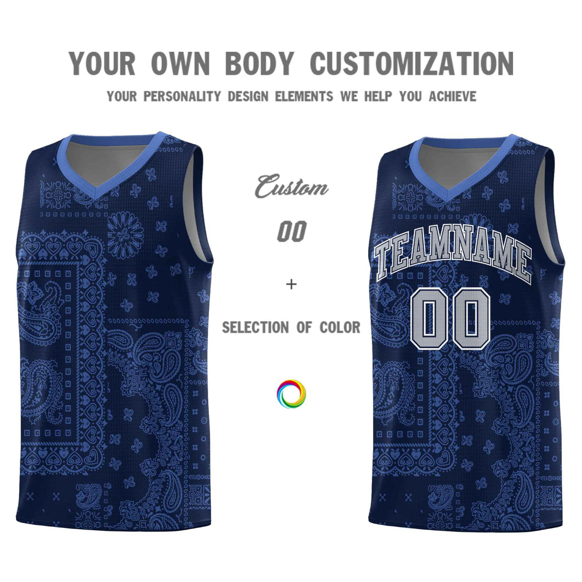 Custom Navy Basketball Kits With Light Blue Cashew Flower Print Pattern