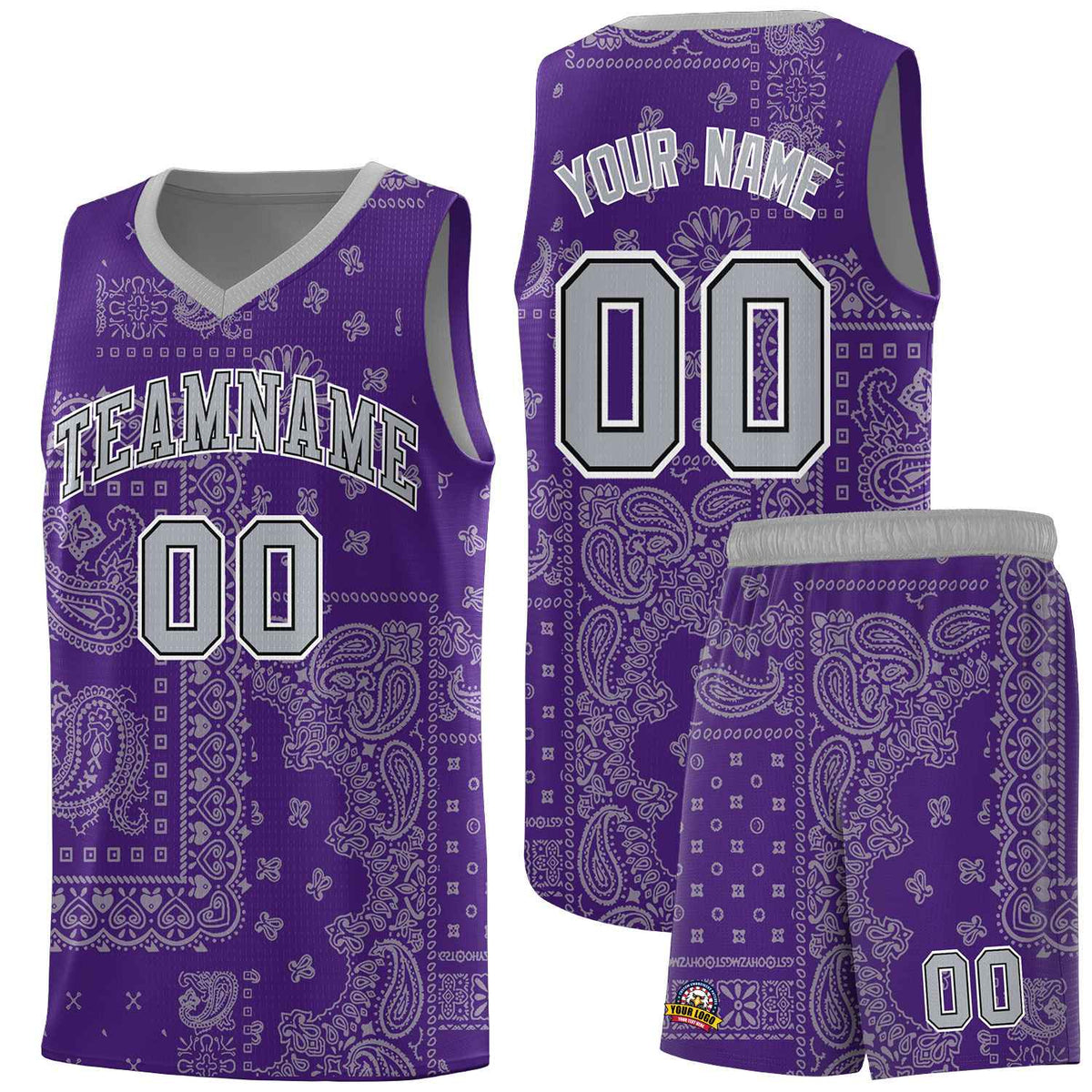 Custom Purple Basketball Kits With Gray Cashew Flower Print Pattern