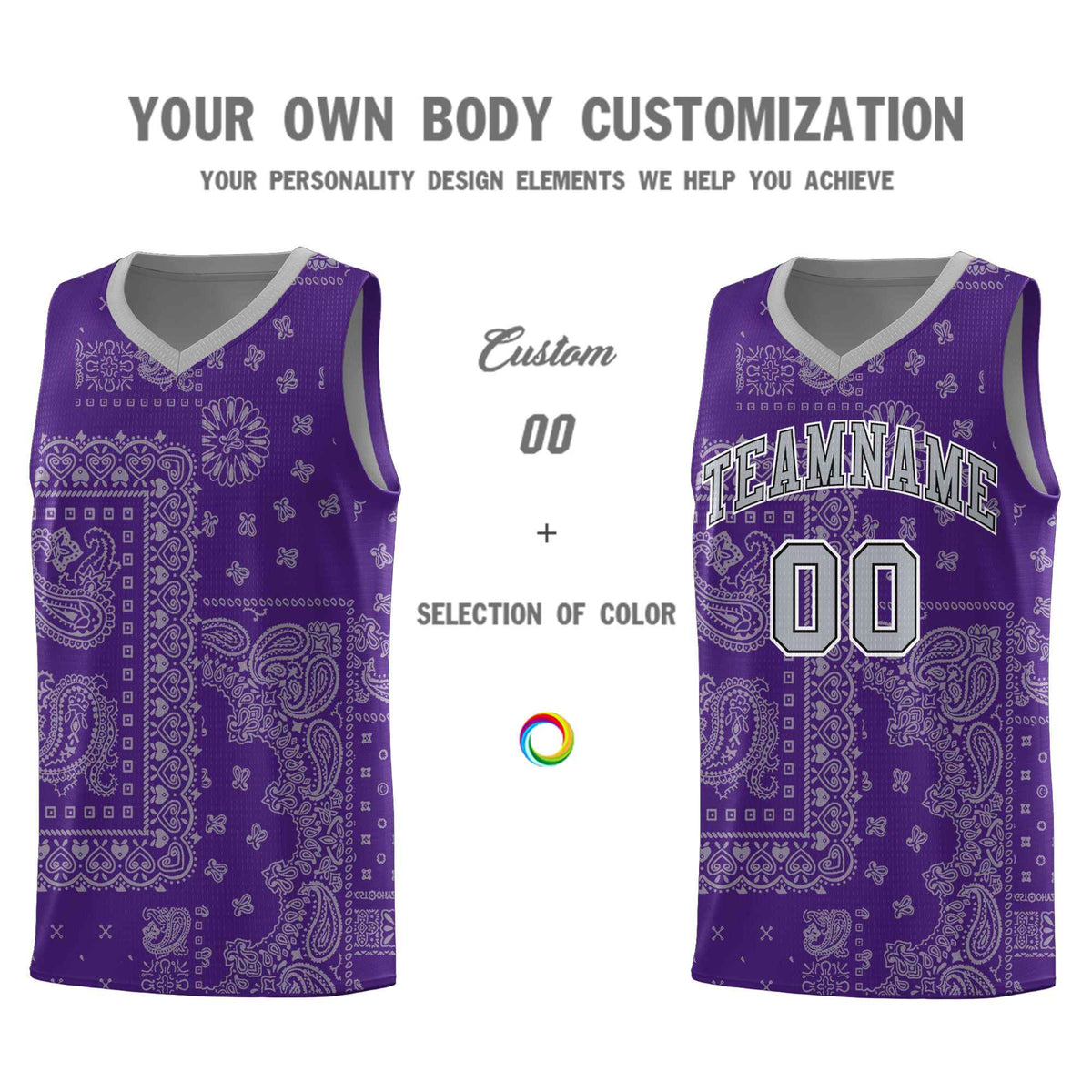 Custom Purple Basketball Kits With Gray Cashew Flower Print Pattern