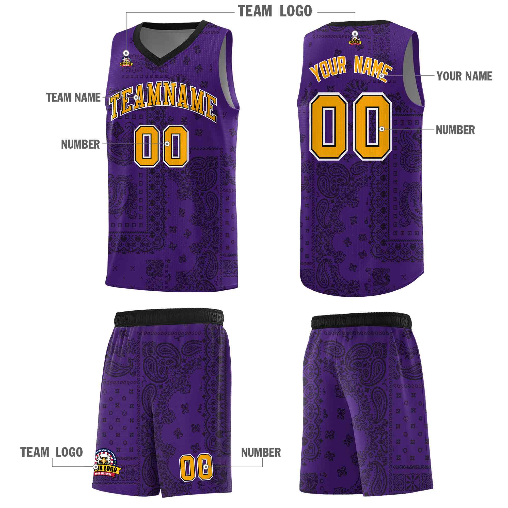 Custom Purple Basketball Kits With Black Cashew Flower Print Pattern