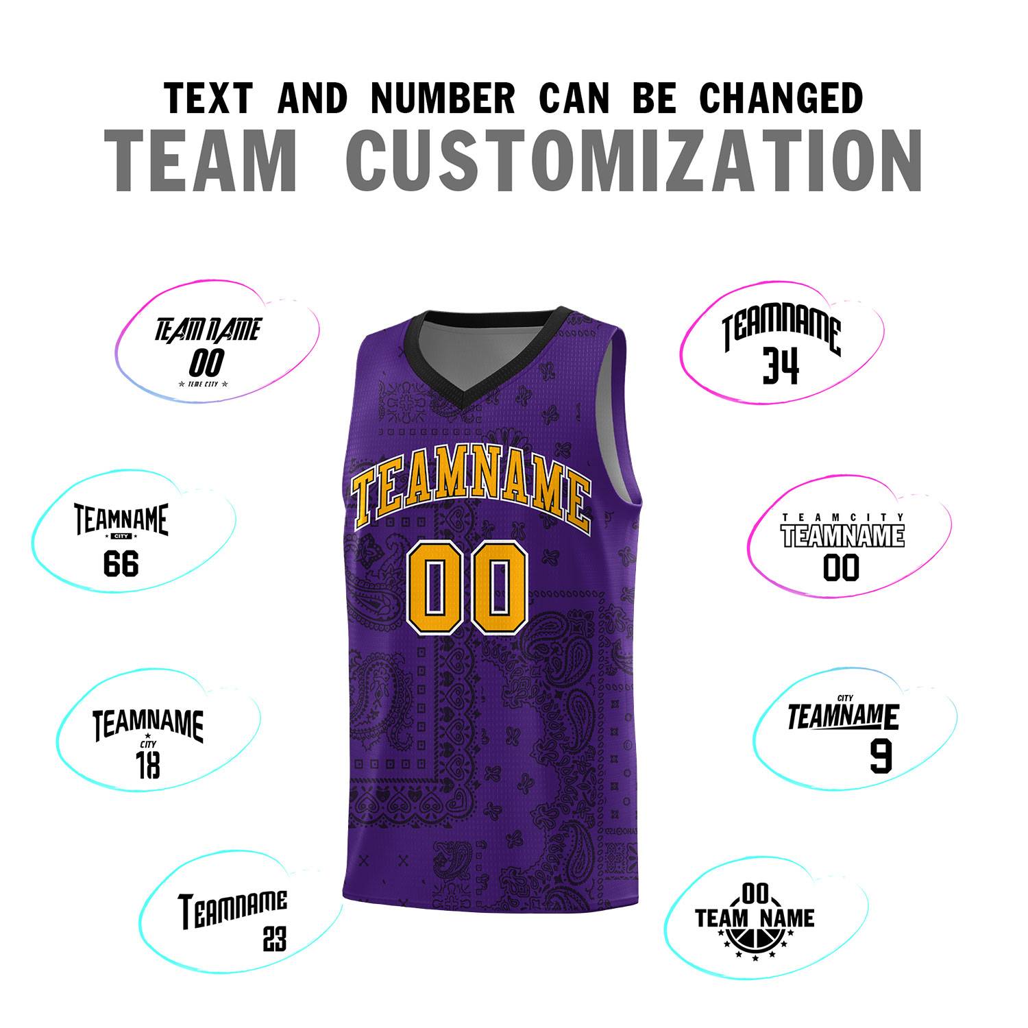Custom Purple Basketball Kits With Black Cashew Flower Print Pattern