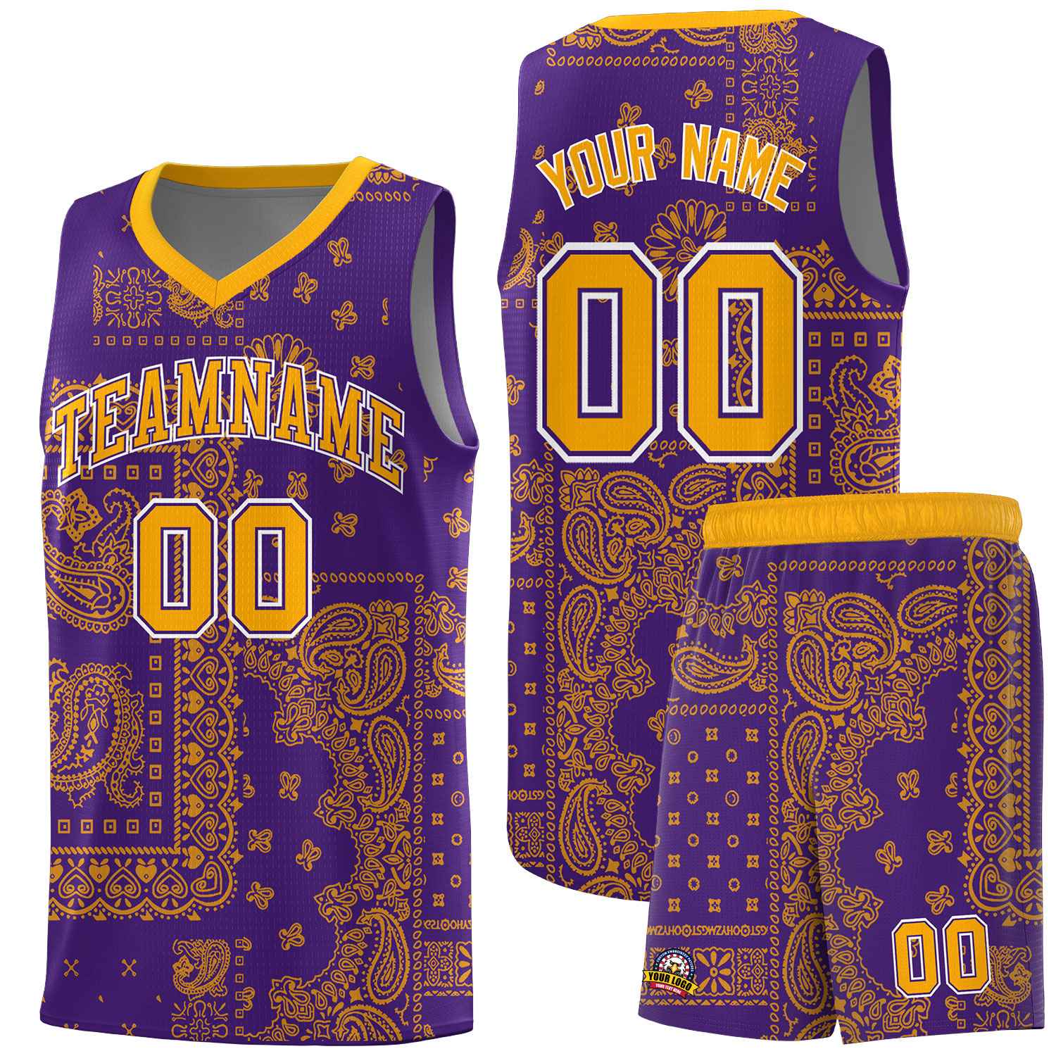 Custom Purple Basketball Kits With Yellow Cashew Flower Print Pattern