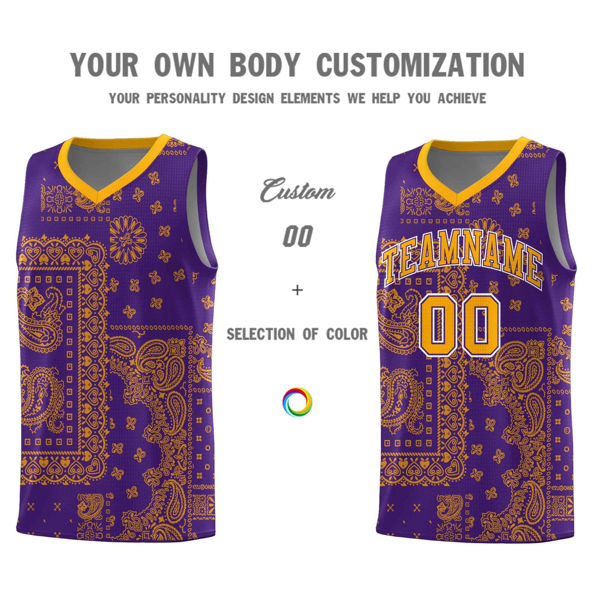 Custom Purple Basketball Kits With Yellow Cashew Flower Print Pattern